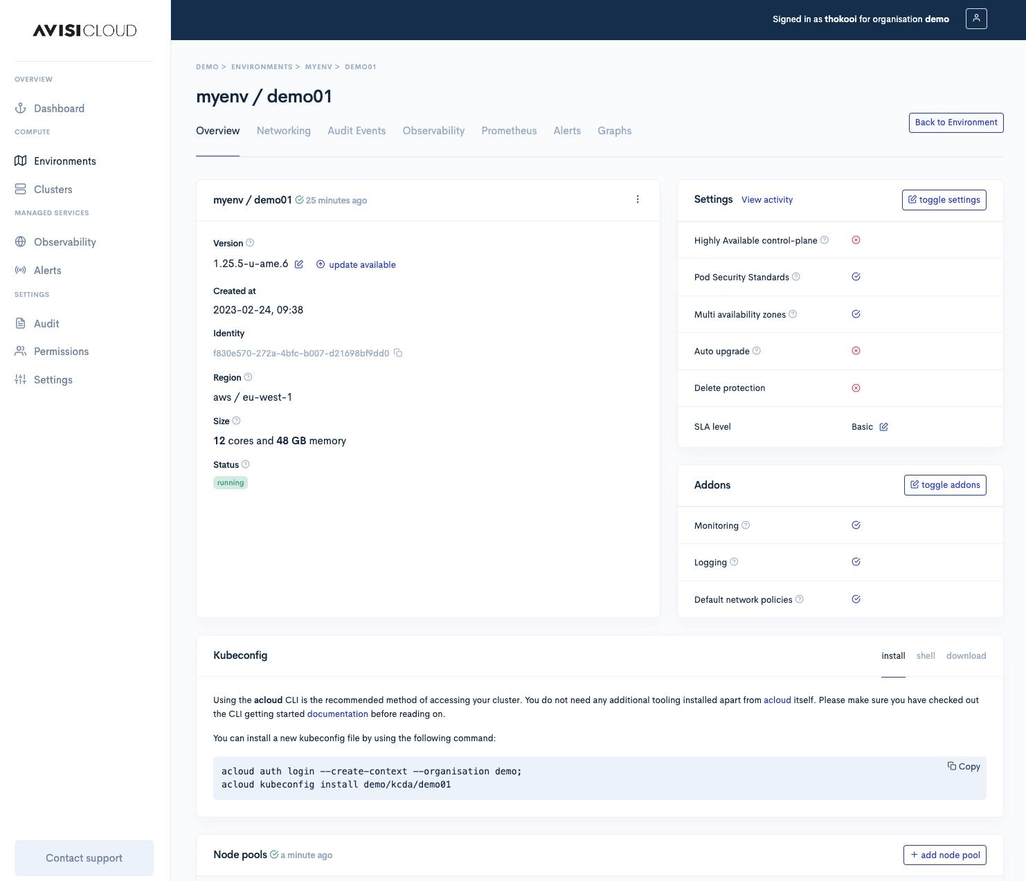 Kubernetes cluster detail page