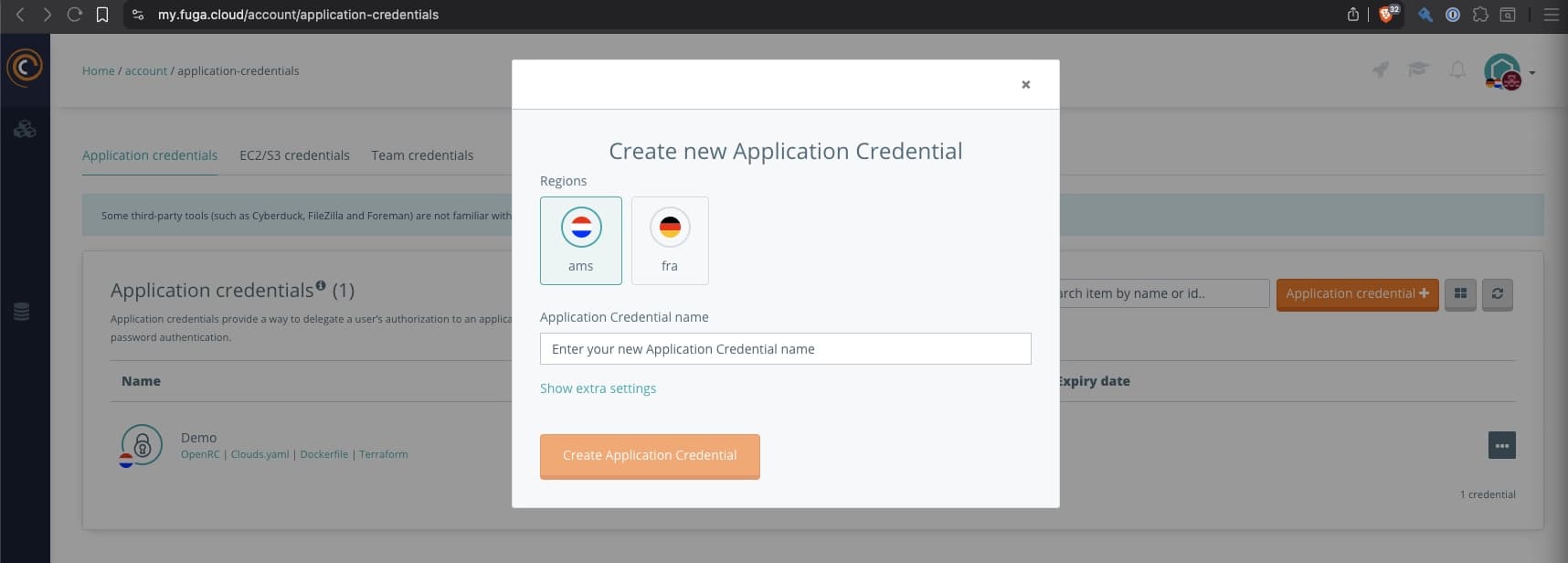 Cyso create application credential