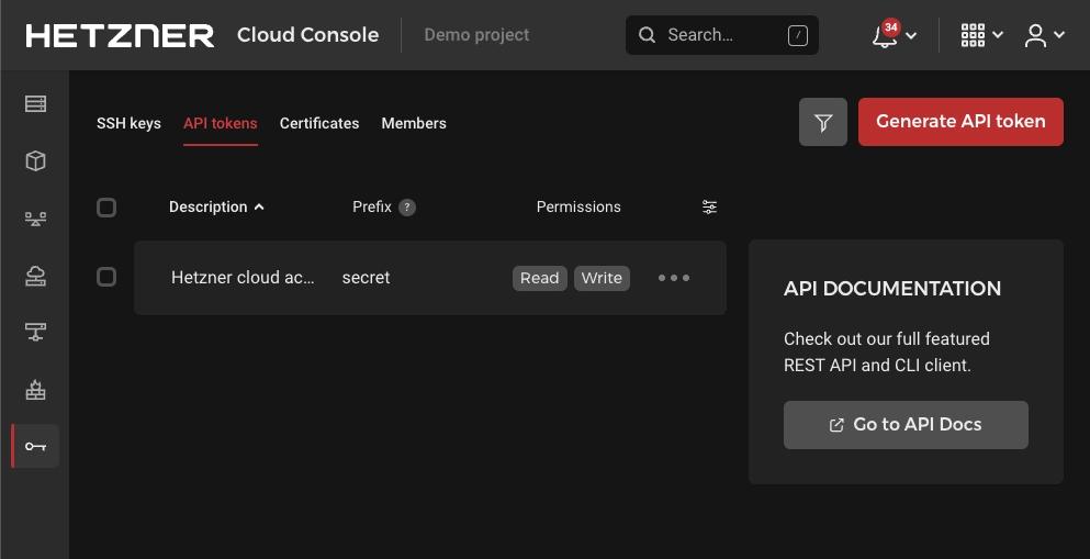Hetzner Project API Token Overview